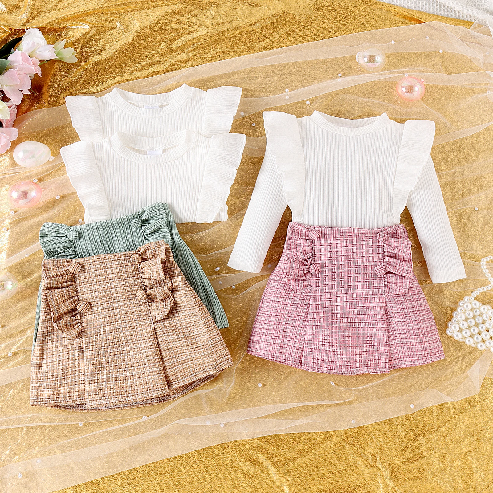 2PCS Autumn New Style 1-4 Year Old Girl Baby Comfortable Fashionable Foreign Style Round Collar And Pit Top + Plaid Skirt Suit