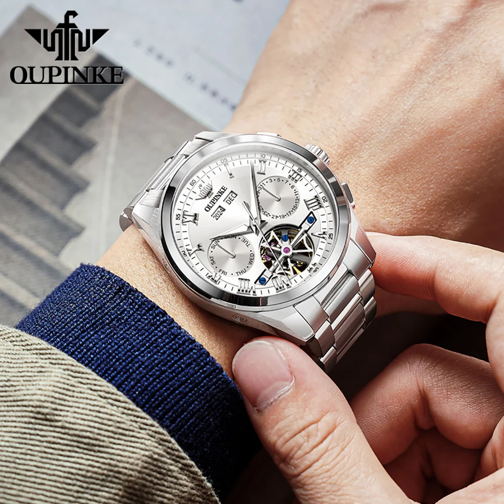 OUPINKE 3281 ساعة رجالية مجوفة دولاب الموازنة الفولاذ المقاوم للصدأ ساعات رجالية فاخرة العلامة التجارية الأصلية ساعة ميكانيكية أوتوماتيكية للرجال #4