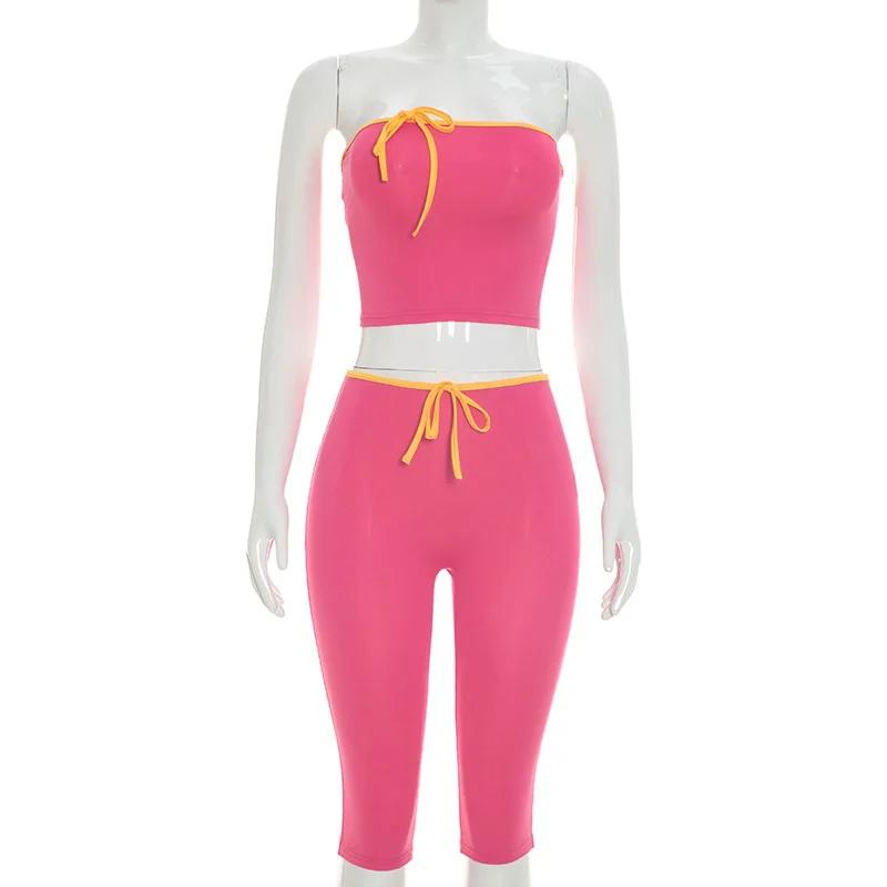 European and American style sleeveless sexy hot girl strapless top+tight fitting cropped pants contrasting color suit for women