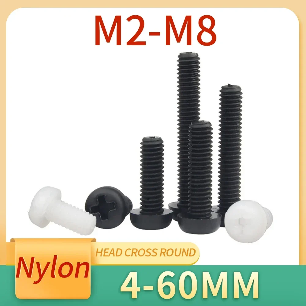 20-100Pcs M2 M2.5 M3 M4 M5 M6 M8 Metric Thread Black or White Nylon Plastic Phillips Pan Head Cross Round Screw Bolt L=4-60mm