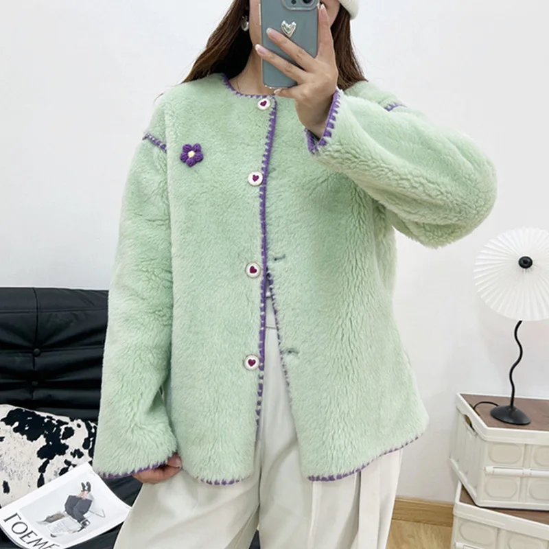 2024 Haining Fur Autumn and Winter New Lamb Wool Coat Women's Granular Wool Sheep Shearing Fur One Piece Women's Young Style