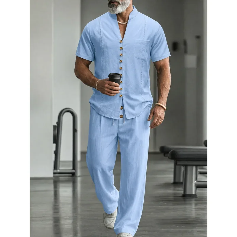Men's Linen Casual 2-Piece Set Short Sleeve Solid Lapel Shirt + Long Pants Outfit Summer Breathable Outdoor Daily Wear Fashion C