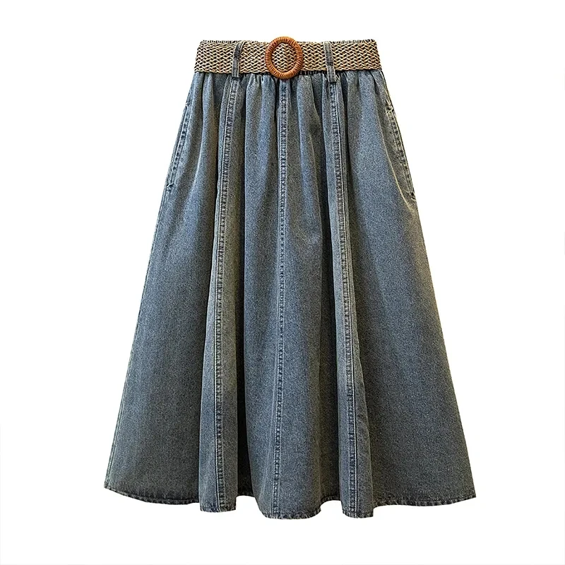Women's Retro Denim A-line skirt Spring Autumn 2025 New Lady High waisted Mid length pleated Skirts With pockets Casual clothes