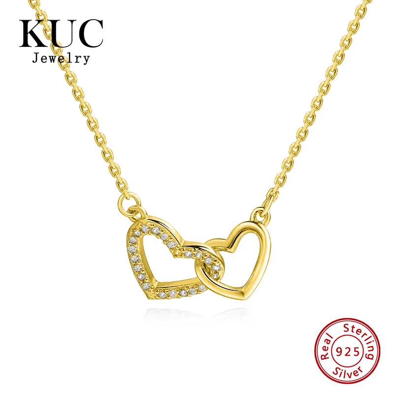 

Fine Jewelry 925 Sterling Silver 18k Gold Plated Luxury Plata Trendy Unique Double Heart Zircon Pendant Necklaces