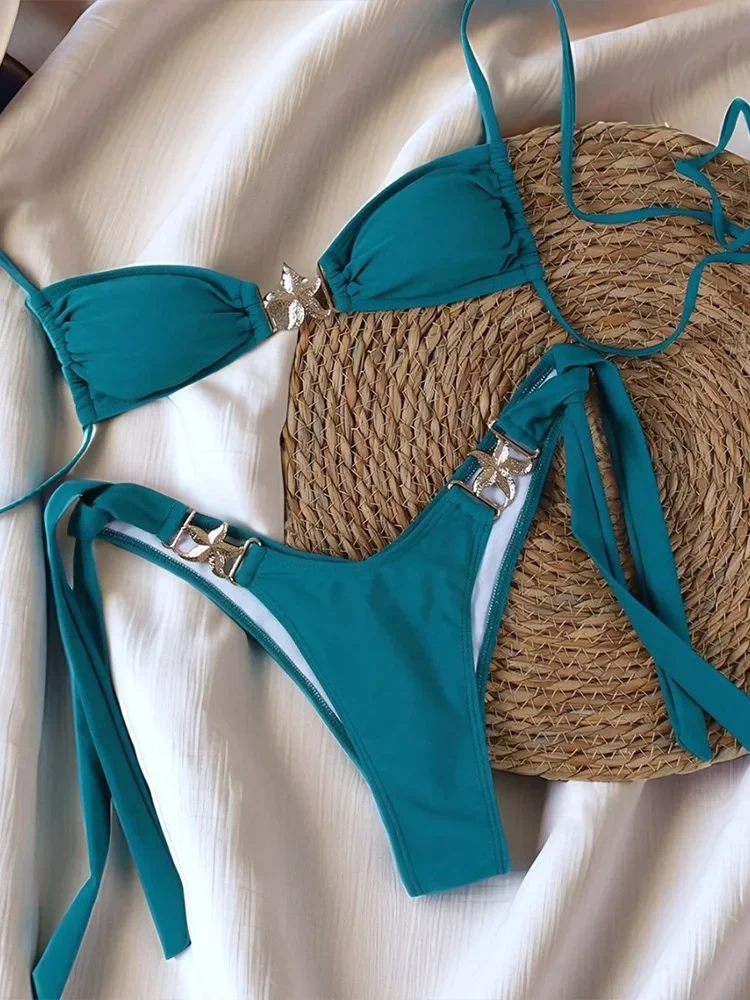 Сексуальное бикини со шнуровкой, комплект из 2 предметов, женский однотонный купальник с разрезом, с низкой талией, бикини для пляжного отдыха, новинка 2025, летний купальник, комплект бикини