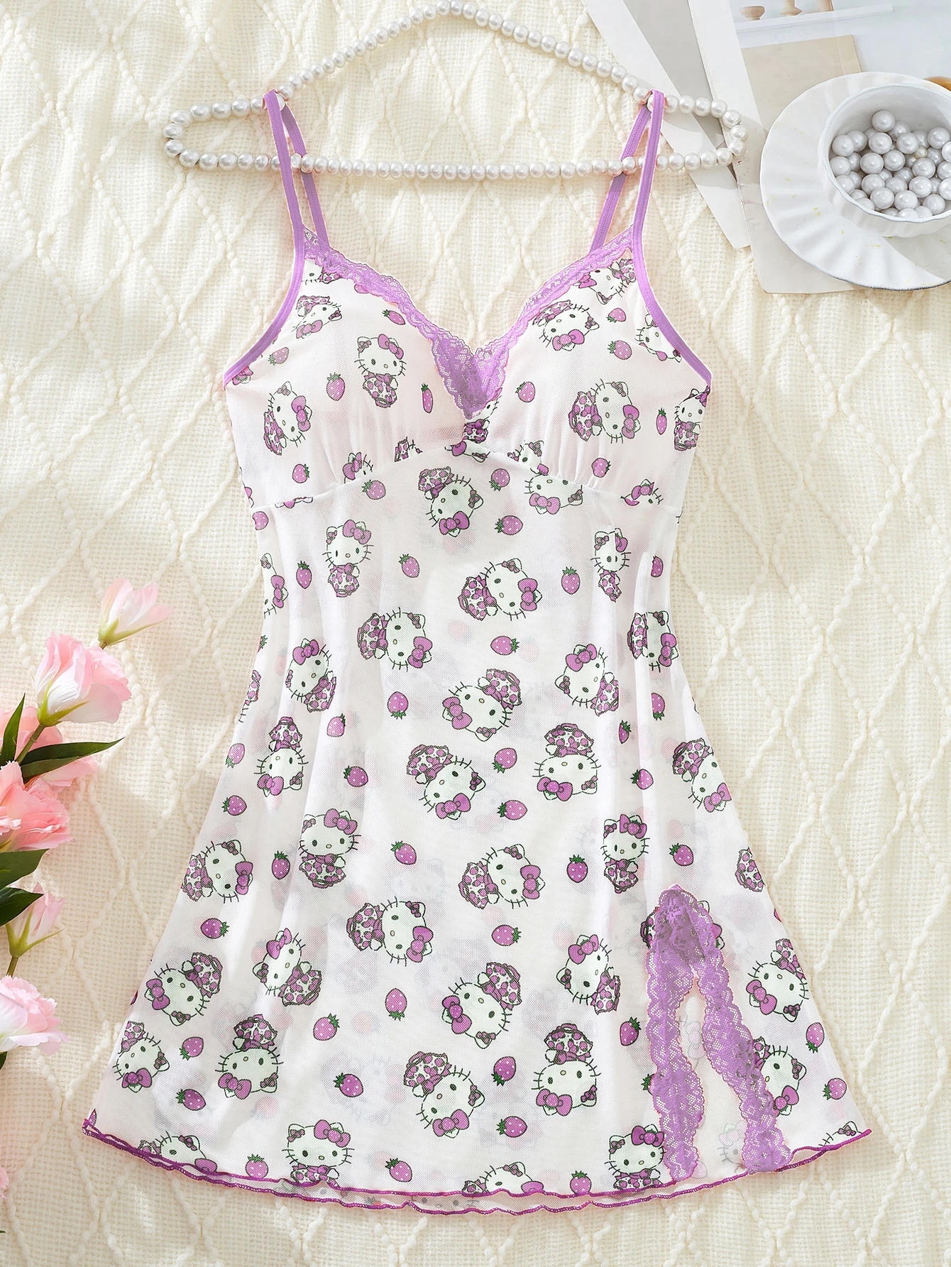 Sanrio Hello Kitty Nightdress For Women V-Neck Contrast Lace Side Slit Purple Cute Digital Printing Suspender Lingerie Dress Lin
