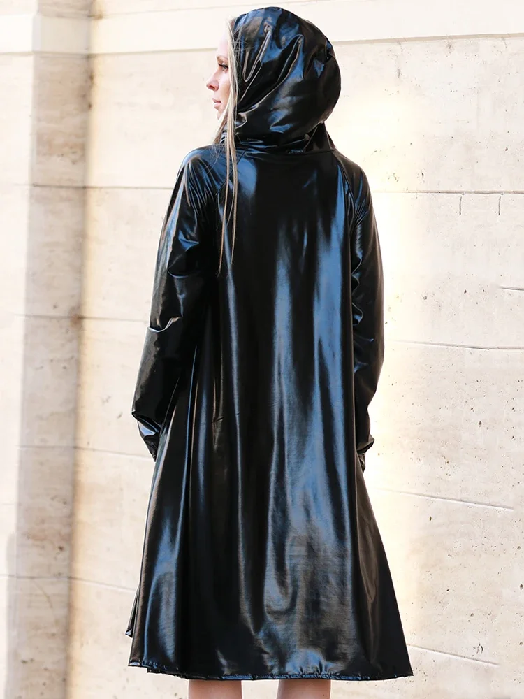 Women Faux Latex Hooded Cloak Dress Shiny Patent Leather Halloween Cosplay Costumes Long Sleeve Wet Look PVC Mini Dress Custom