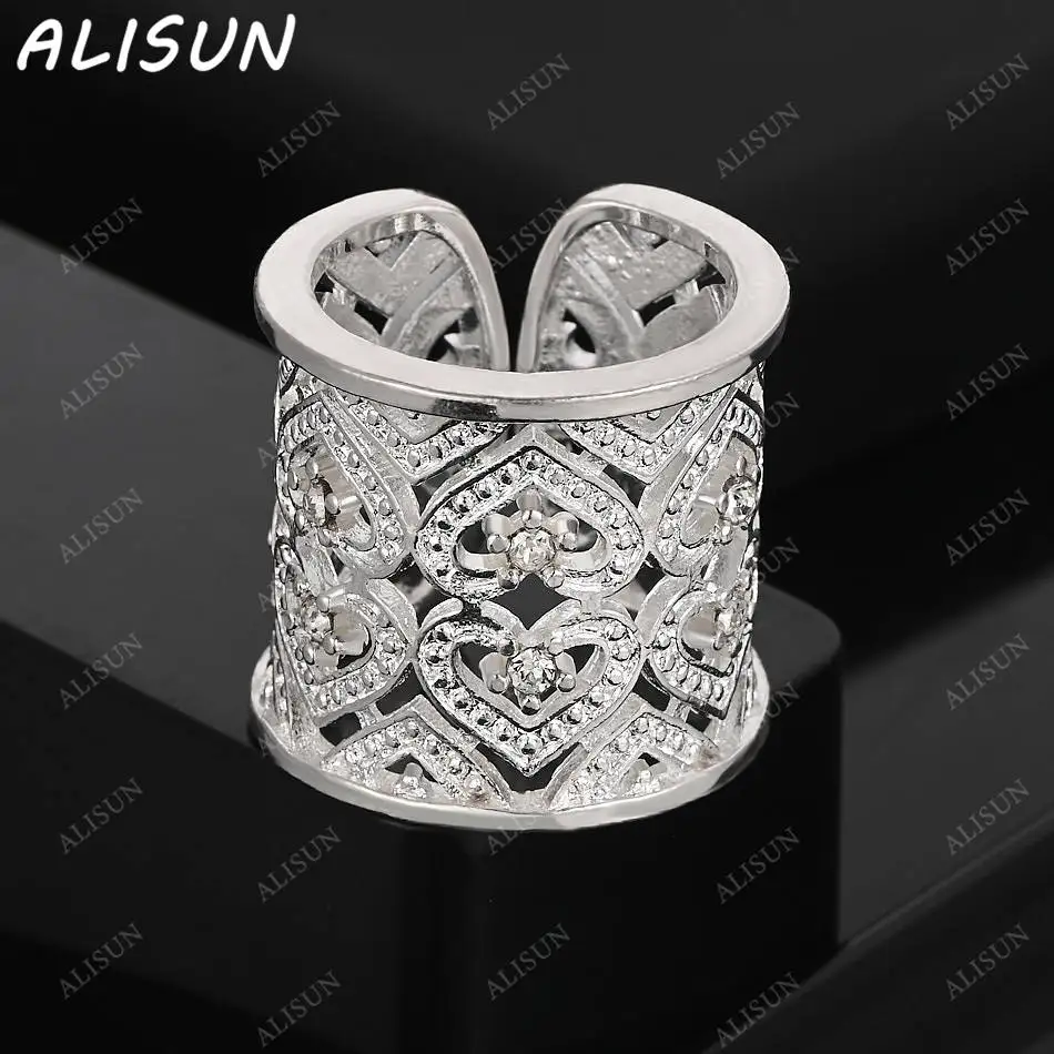 

ALISUN 925 Sterling Silver Zircon Heart Hollow Open Ring For Women Fashion Jewelry Vintage Grace Charm Noble Party Birthday Gift