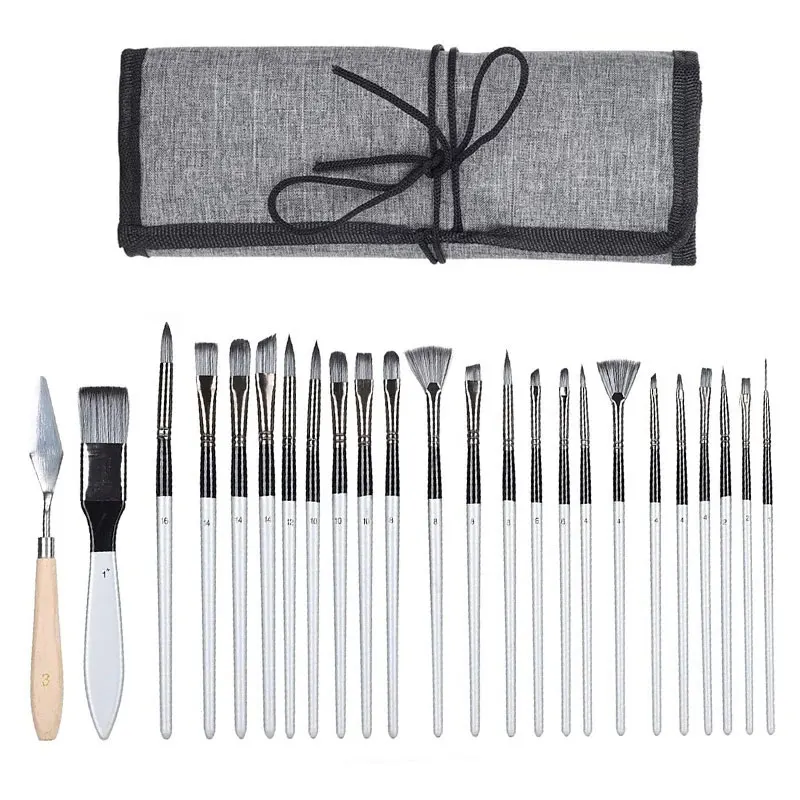 24pcs Premium Paint Brush Set with Canvas Bag - Washable, Broad Tips for Watercolor & Oil Painting - Durable Wooden Handles