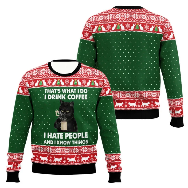 Black Cat Drink Coffee Ugly Christmas Sweaters Multipe Styles Funny Holiday Party Pullover Sweater Family Christmas Gift