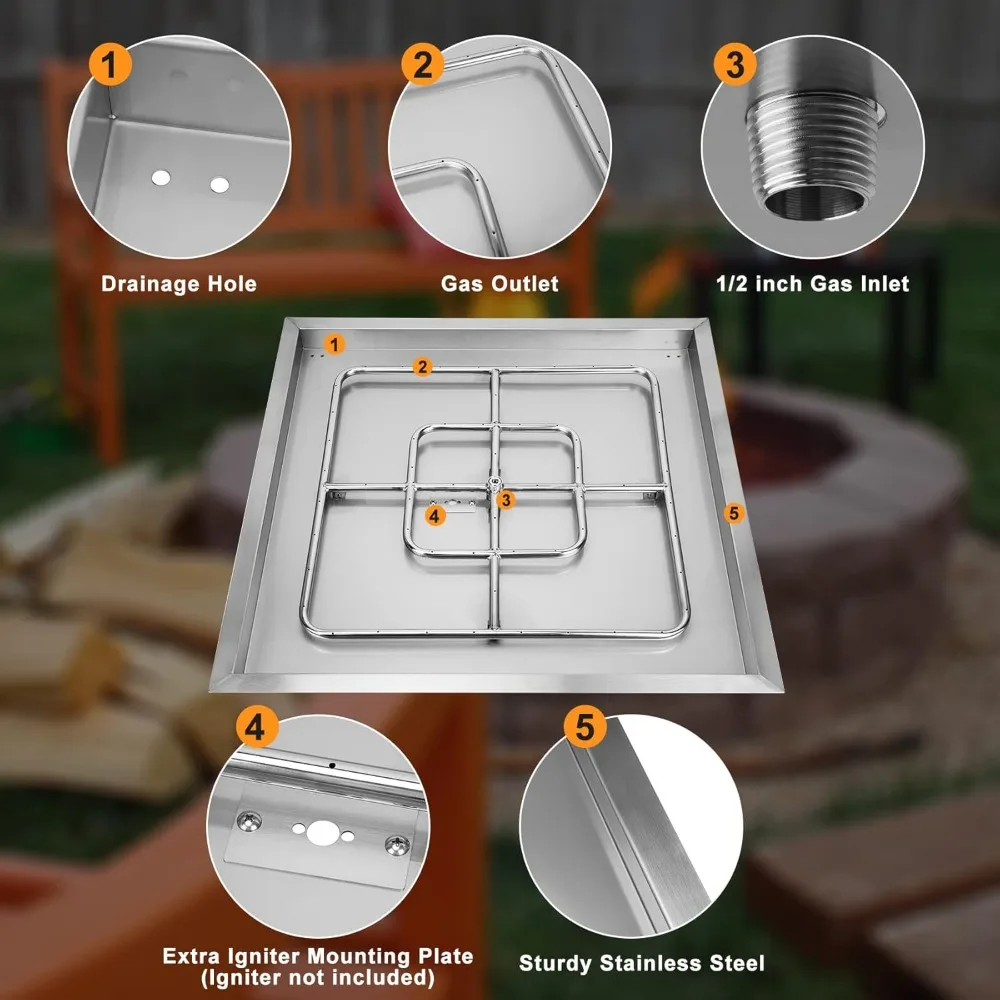 

Stainless Steel Square Fire Pit Burner with Pan, 36 Inch DIY Outdoor Propane Firepit Fireplace for Backyard
