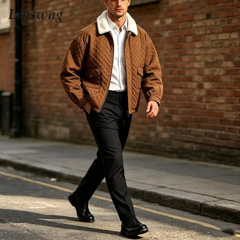 2026 Winter Solid Color Long Sleeve Jacket Mens Daily Outdoor Cotton Lapel Retro Outerwear Fashion Loose Fit Coat For Mens