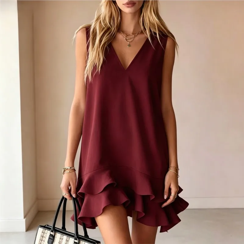 Fashion Solid Mini Dresses Summer New Women's Elegant Casual V-neck Sleeveless Ruffle Short Dress For Women Robe Femme Vestidos - Image 3