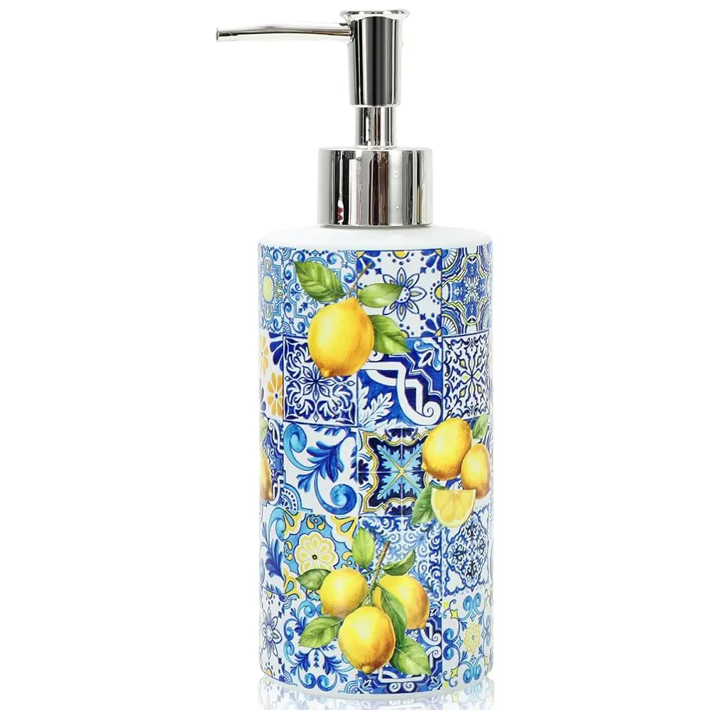 

Диспенсер для мыла Capri Lemon, синий с желтым узором, стеклянный, с помпой, многоразовый контейнер для жидкого мыла для летнего дома