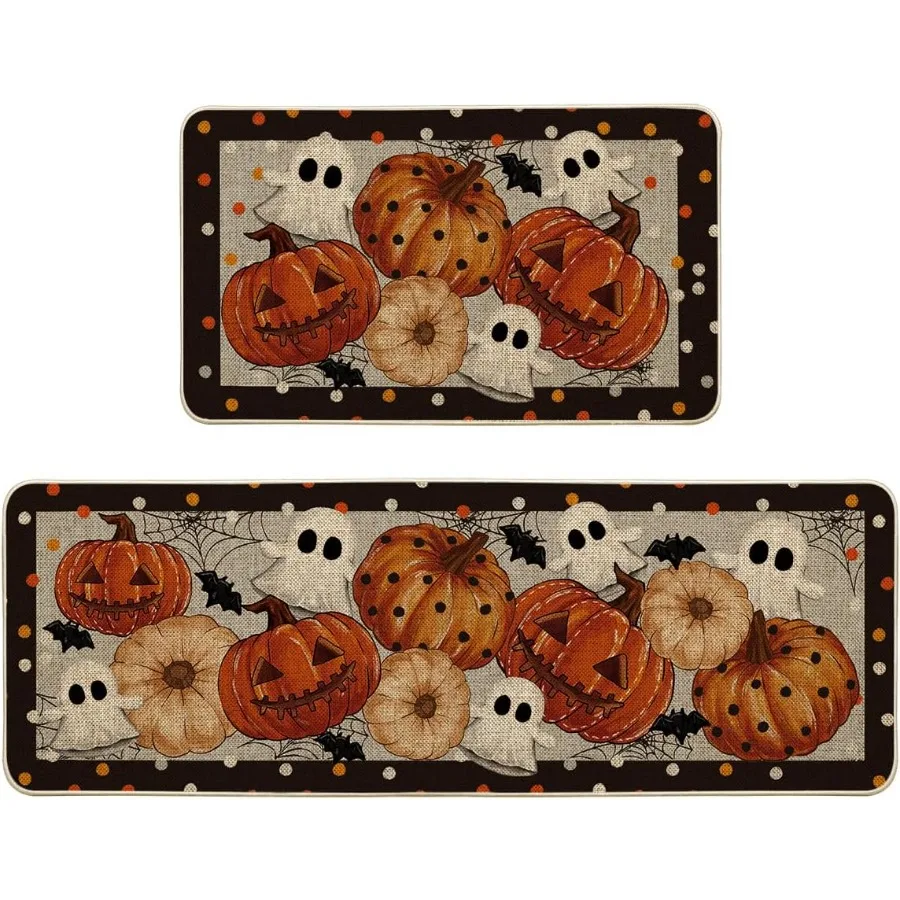 

Black Ghost Spooky JackO'Lantern Pumpkin Halloween Kitchen Mats Set of 2 LowProfile Home Decor Kitchen Rugs for Floor 17x29 and