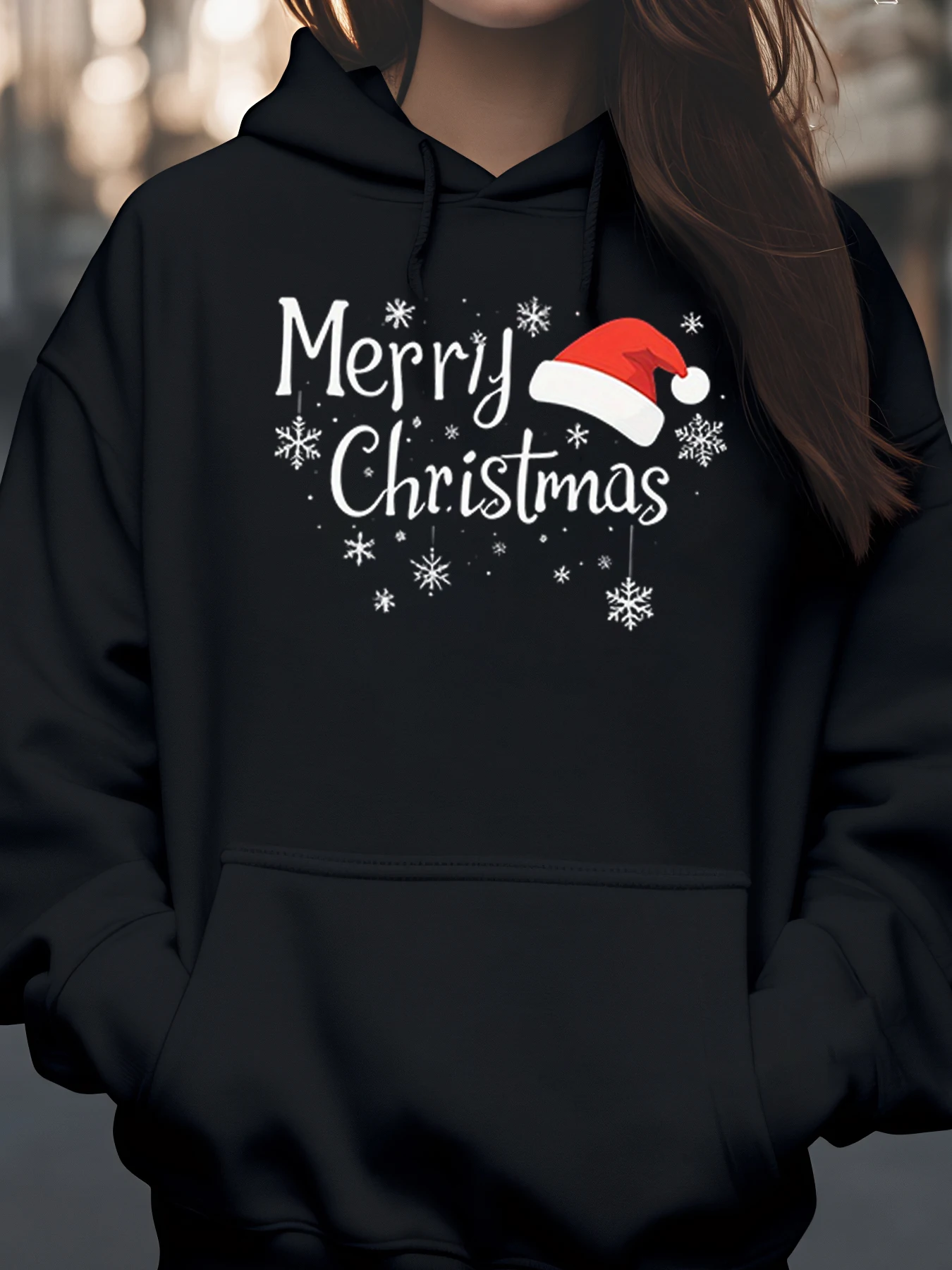 

С Рождеством Санта-Шляпа Снежинка Толстовка с принтом Праздничная повседневная одежда для женщин