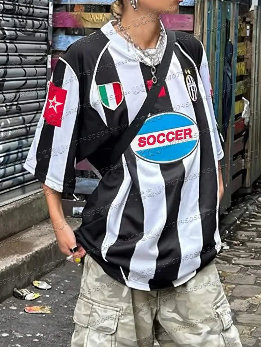 

Women'S Round Neck Striped Football Jersey T-Shirt Round Neck Loose 3d Printed Short Sleeved Casual Streetwear Oversized Top