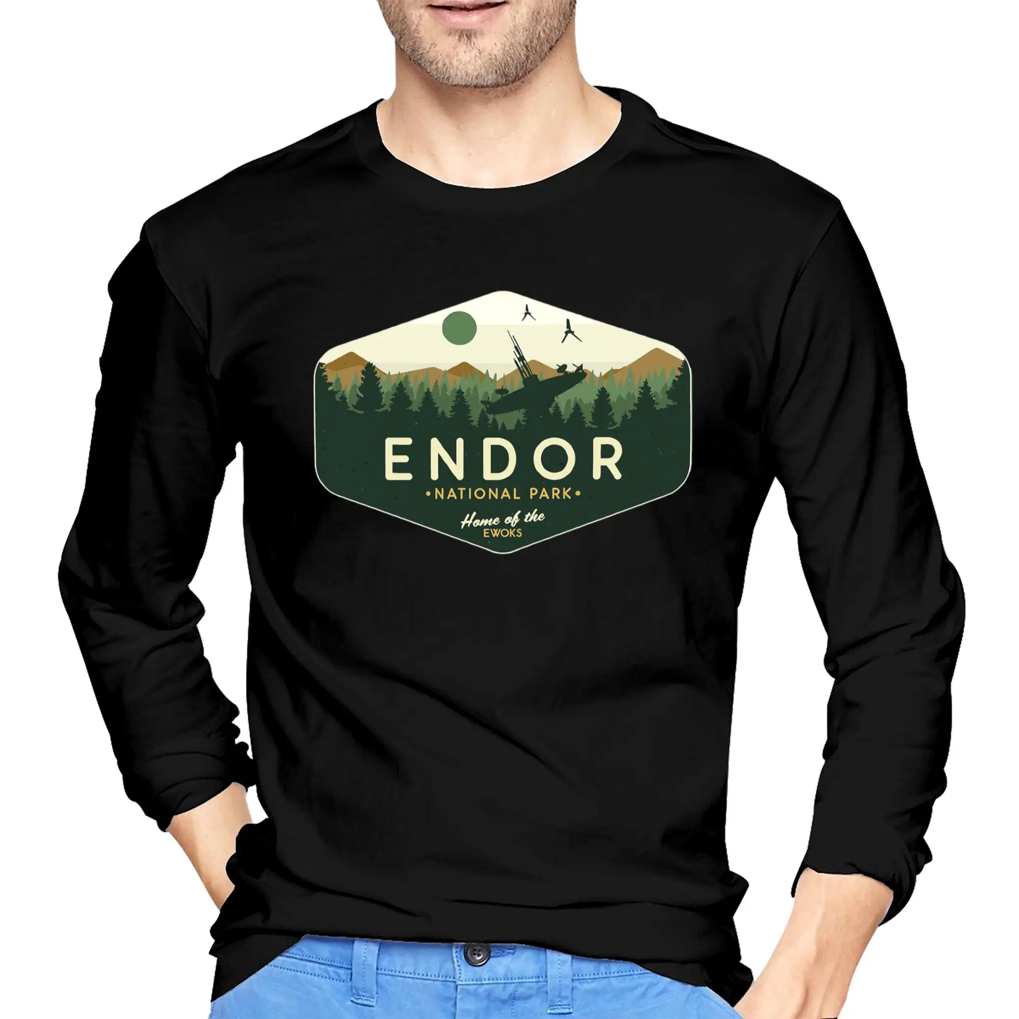 

Endor National Park Home of the Ewoks Men's Long Sleeved T-shirt Casual Round Neck T shirts Spring and Autumn Men tops