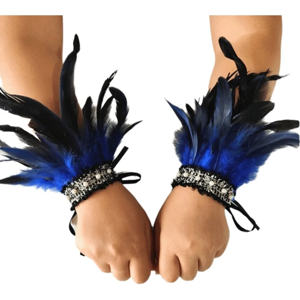 Elegant Lace Feather Wrist Cuffs Adjustable Pearl Halloween Arm Cuff Gloves Lightweight Wristband Stage Performance