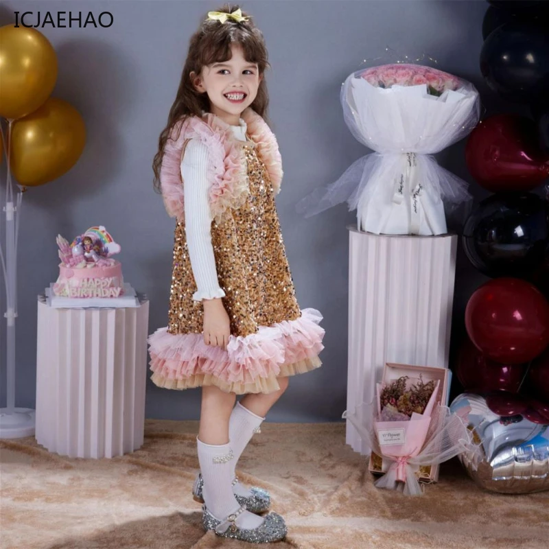 ICJAEHAO 2025 Girls Sleeveless Dresses Kids High End Frock Ball Performance New Clothing Sequin Tulle Birthday Party Princess