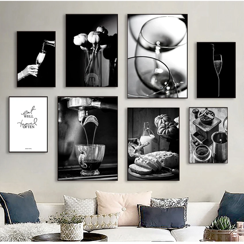 Painting Picture Dining Room Restaurant Decoration Coffee Wine Bread Kitchen Poster Black White Drink Food Canvas Print Wall Art