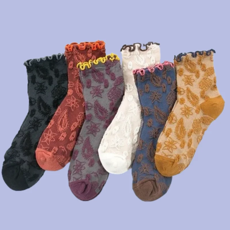 

3/6 Pairs Women's Lace Middle Tube 2024 New Fashion Wooden Ear Edge Pile Cute Loose Mouth Retro Confinement Socks Long Socks