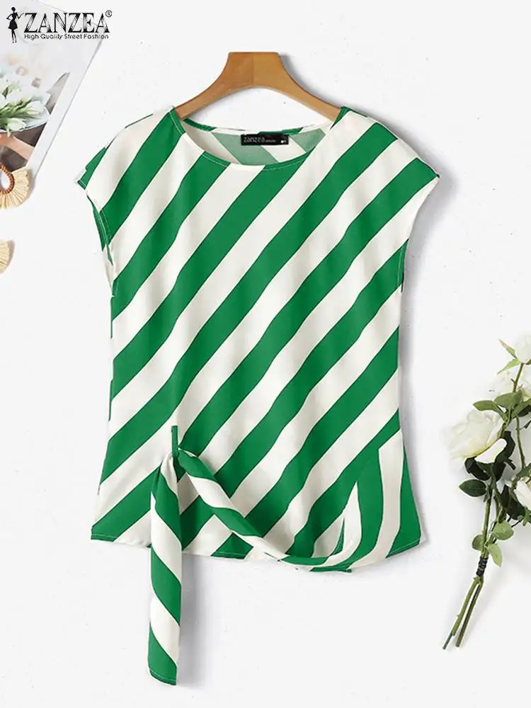 ZANZEA Elegant Party Satin Blouse Women Vintage Stripes Cap Sleeve Tops 2024 Summer Chic Irregular Hem Tunic Loose O-neck Blusas