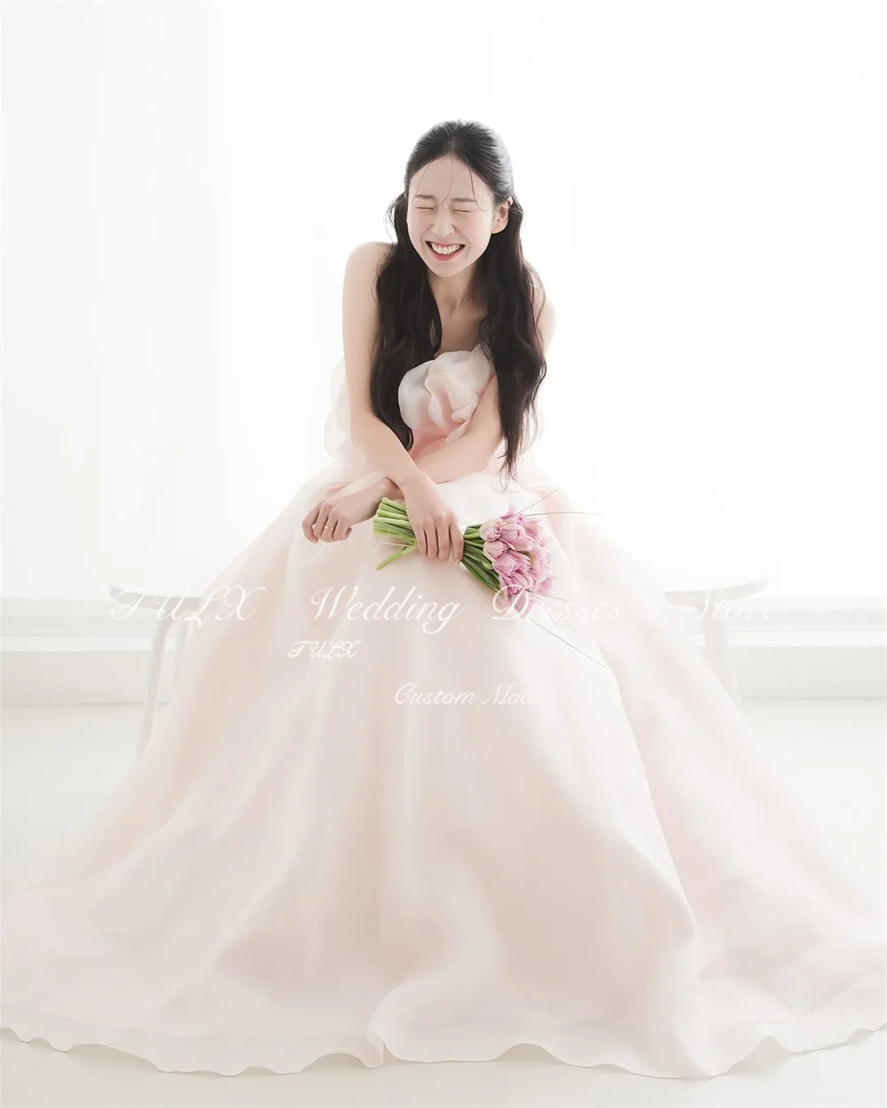 TULX 프린세스 라이트 핑크 이브닝 드레스 Strapless Flower 한국 웨딩 사진 촬영 드레스 바닥 길이 코르셋 웨딩드레스 맞춤형
