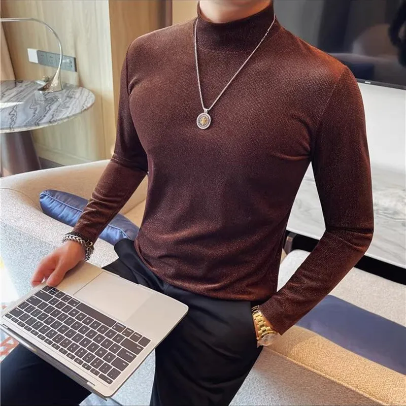 

Autumn Winter Starry Sky Print T Shirts Fashion Half High Neck Men Slim Fit Long Sleeve Casual Tee Shirt Men's Clothing 4XL-M