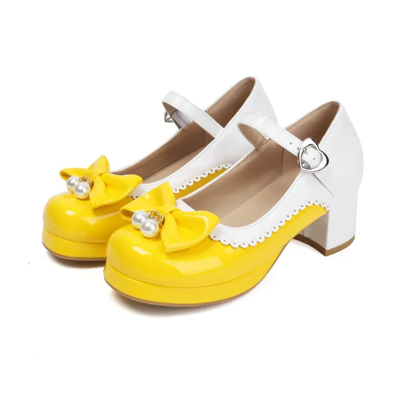Sweet Lolita Mary Jane Shoes Patent Leather Color Block One Strap Pearl Bow Mid Block Heel Plus Size Women Daily Cosplay Pumps