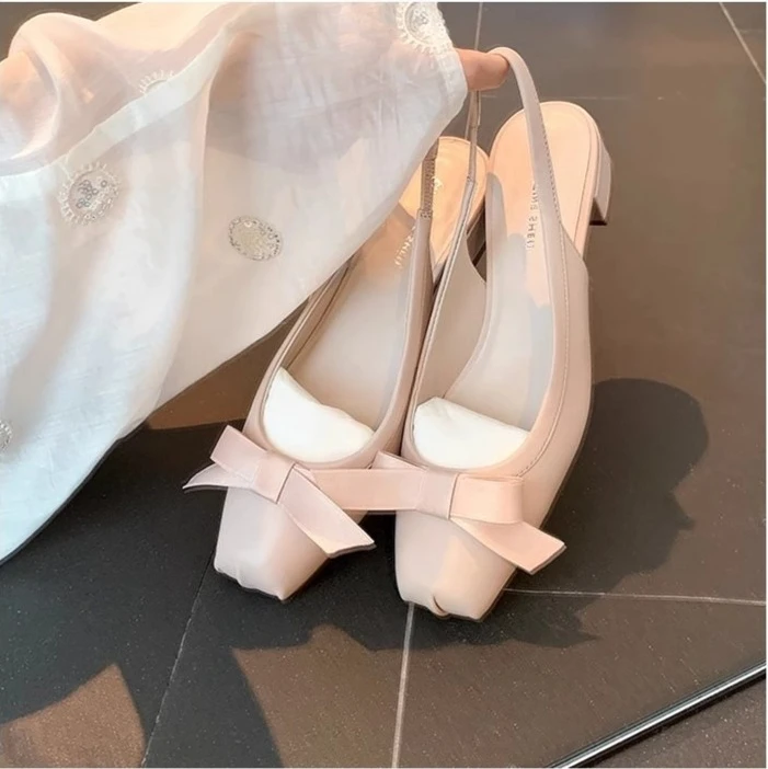 

Girls' shoes pig nose pattern lambskin chunky heel bow ballet flats Women's Sandals Square-toe Mary Jane shoes