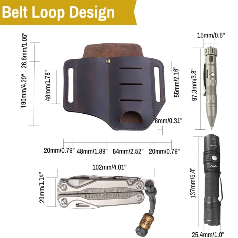 1 Pc EDC Organizer Leather Sheath for Blet Knife Tool Flashlight Tactical Pen and EDC Gears 2 Pockets Belt Cowhide Slip Sheath