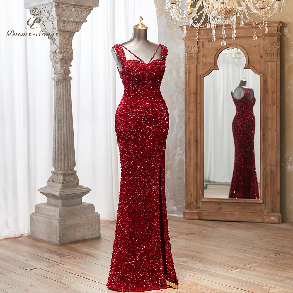 PoemsSongs Glamorous Women's Burgundy Sequin Sleeveless Mermaid Evening Dress with Slit vestidos de fiestas elegantes mujer