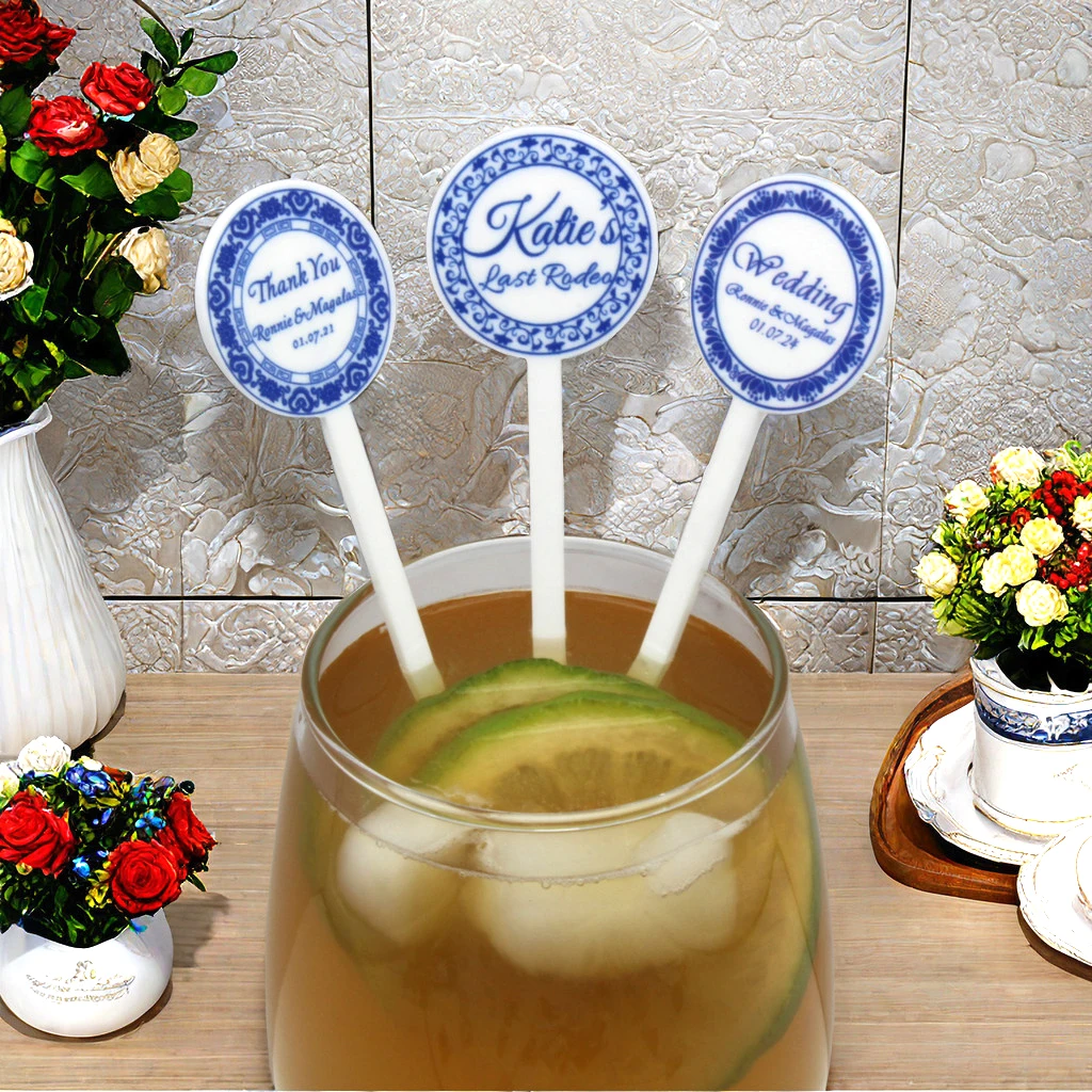 

“Blue and white porcelain style” Custom Acrylic Wedding Drink Stirrers Personalized Print Cocktail Stirrers Baptism Table Decor