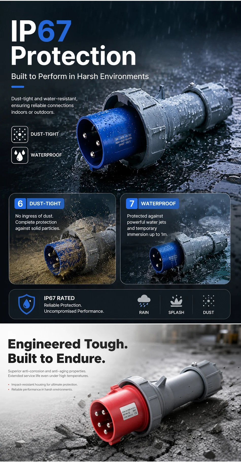 63A IP67 Waterproof Industrial Power Connector – 3P/4P/5P 415V CEE Plug & Receptacle, Heavy Duty Copper Contacts for Factory T&I Online Store