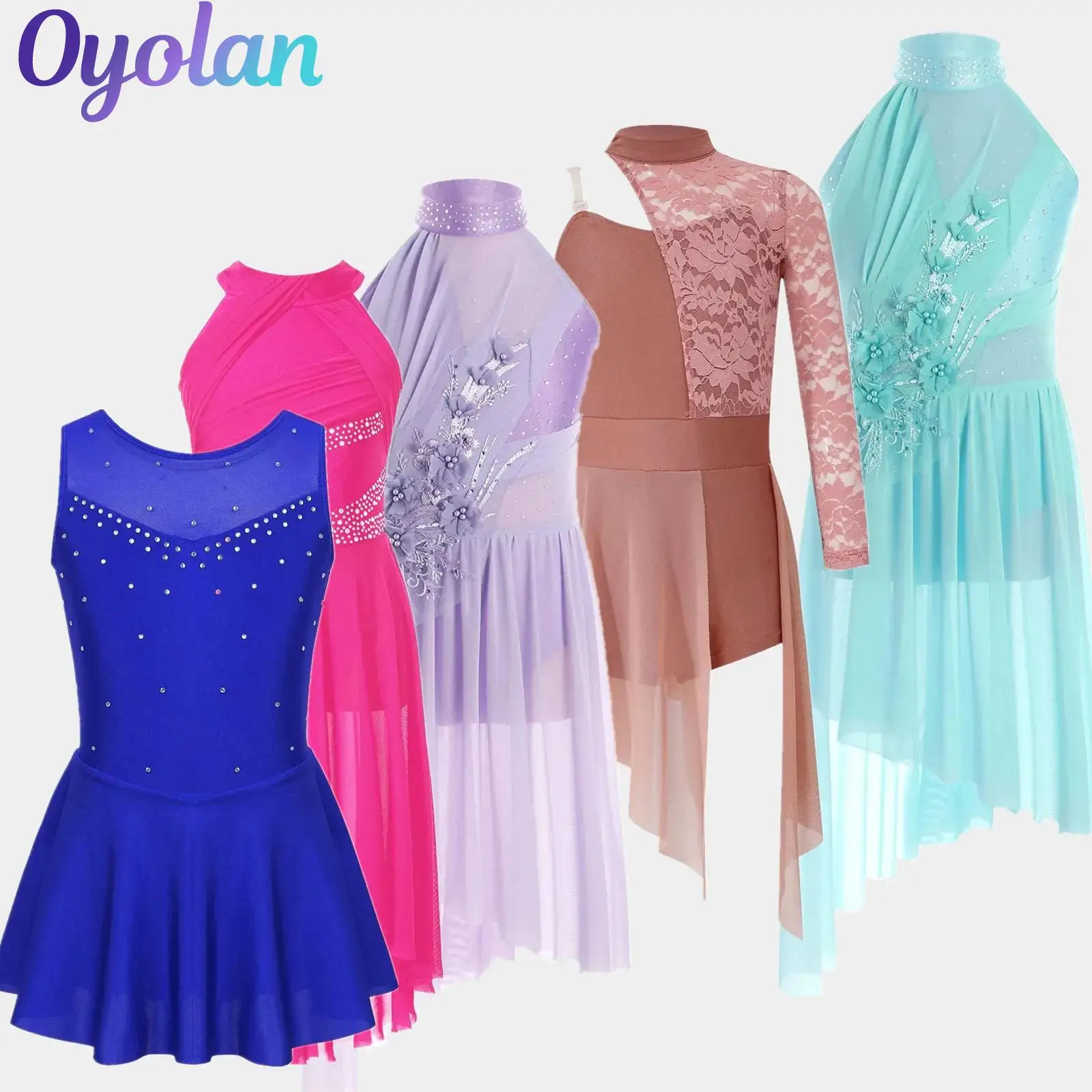 

Kids Girls Sparkly Rhinestones Ballet Tutu Lyrical Contemporary Modern Dance Dresses Gymnastics Artistic Figure Skating Costume