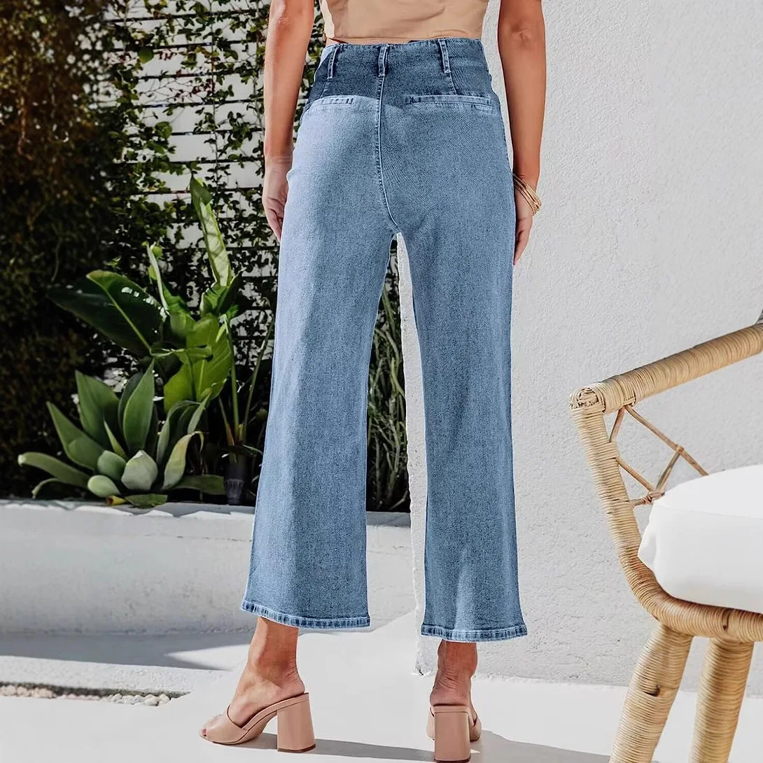 New Casual Straight-Leg Denim Trousers Women's High Waist Jeans American Retro Button Down Jeans Straight Denim Wide-Leg Pants