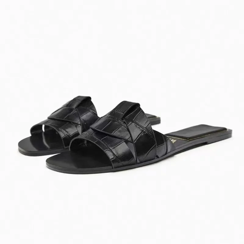 Neue Damen Hausschuhe mit quadratischen Zehen kreuzen flache Sandalen einfache und stilvolle Sandalen mit flachem Absatz Hausschuhe Damen Damen Sandalen