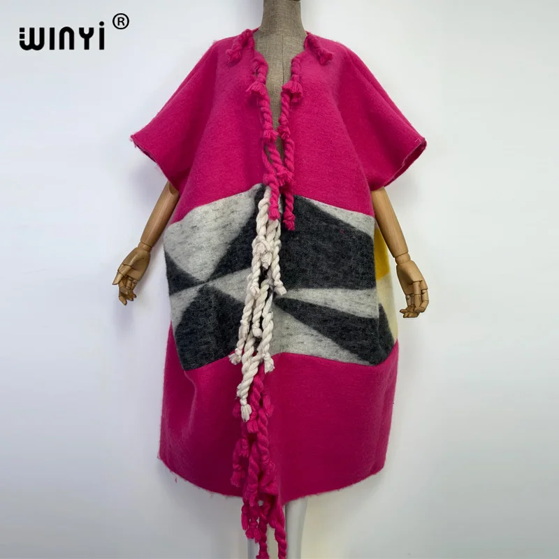 2022 WINYI Africa Winter Women tassel Cardigan coat Christmas dress robe longue Thick Warm assorted colors Loose overcoat