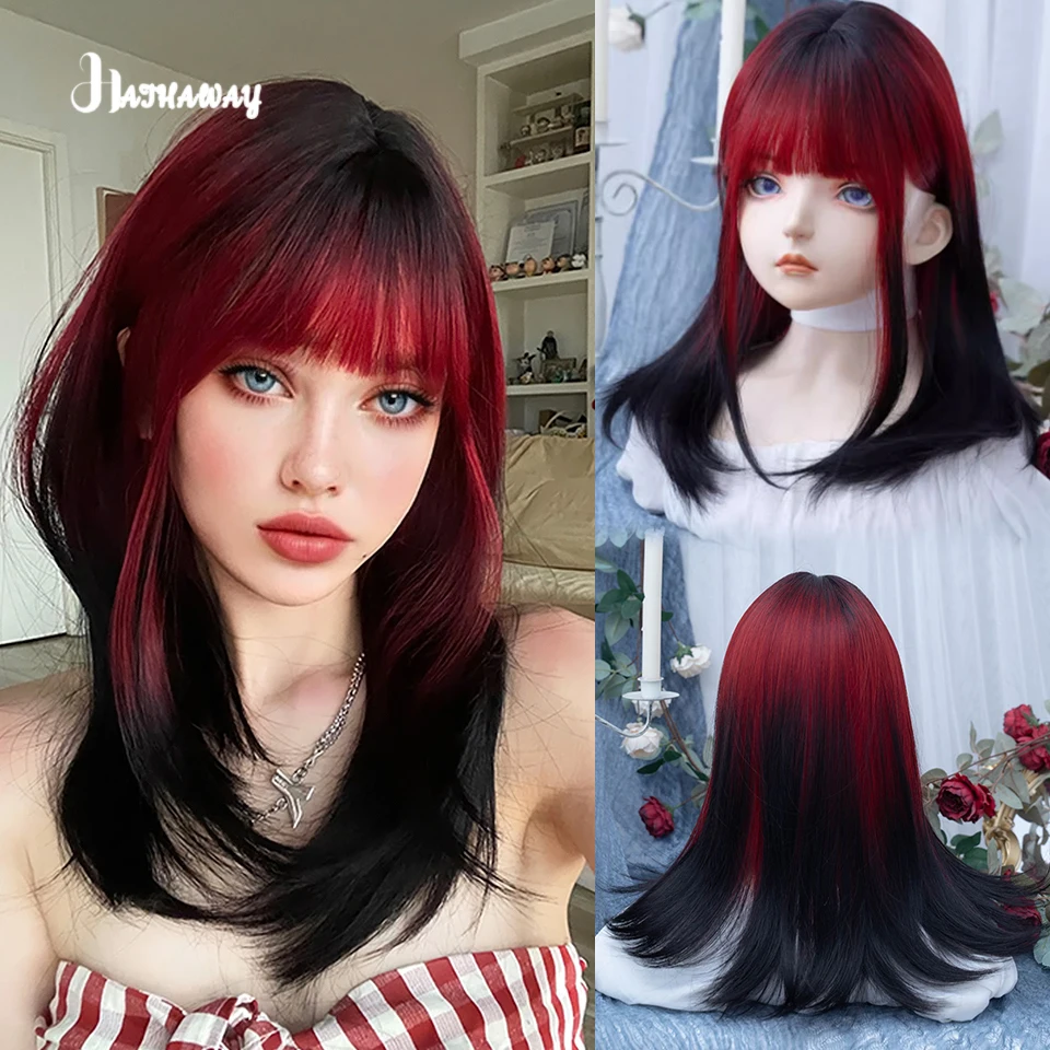 Synthetic Wig Female Lolita Cosplay Black And Red Gradient Strawberry Jam Long Straight Hair Full Head Holiday Activities Wear