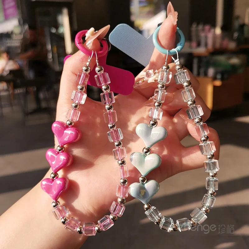 

Подвесная цепочка для мобильного телефона в форме сердца с кристаллами на запястье, женская уличная анти-потерянная веревка ярких цветов, короткая подвесная веревка для мобильного телефона
