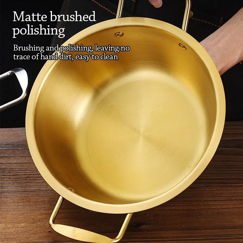 

New Mini Ramen Pot with Lid Stainless Steel Soup Pot Gold Plated Double Ear Hot Pot Camping Cookware