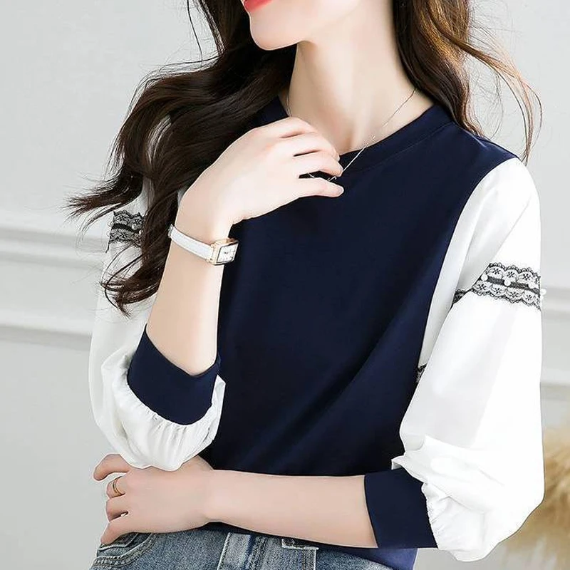 Spring Autumn New Round Neck Long Sleeve Loose T-shirt Women Korean Style Contrast Color Patchwork Fake Two Pieces Pullovers Top