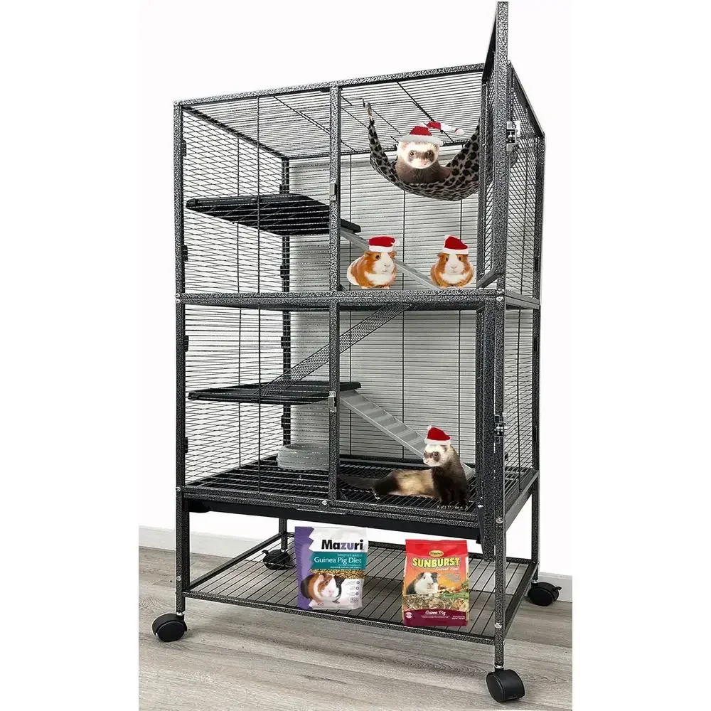 4-Tier Large Double Unit Pet Cage with Half-Inch Wire Spacing on Wheels