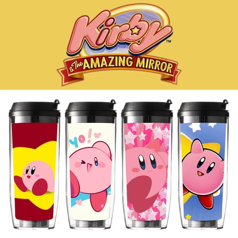 Kirby-taza de agua de dibujos animados de gran capacidad para niños, vaso deportivo de plástico portátil, de Anime, para viajes al aire libre, café, Cola y té, 500ml