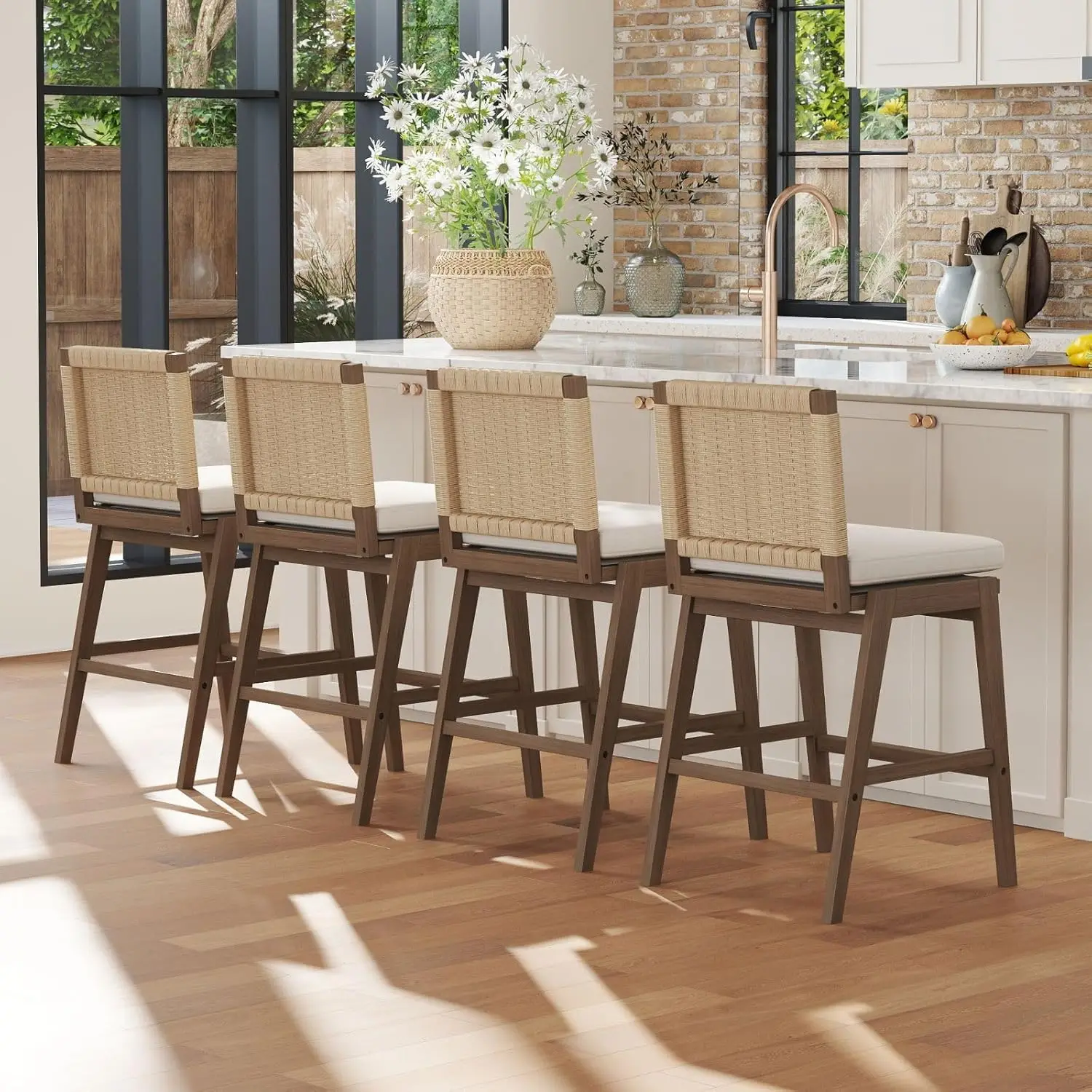 

Woven Linen Counter Height Bar Stools Set Of 4, 27.25" Seat Height Barstools With Solid Wood Legs Mid Century, Customized