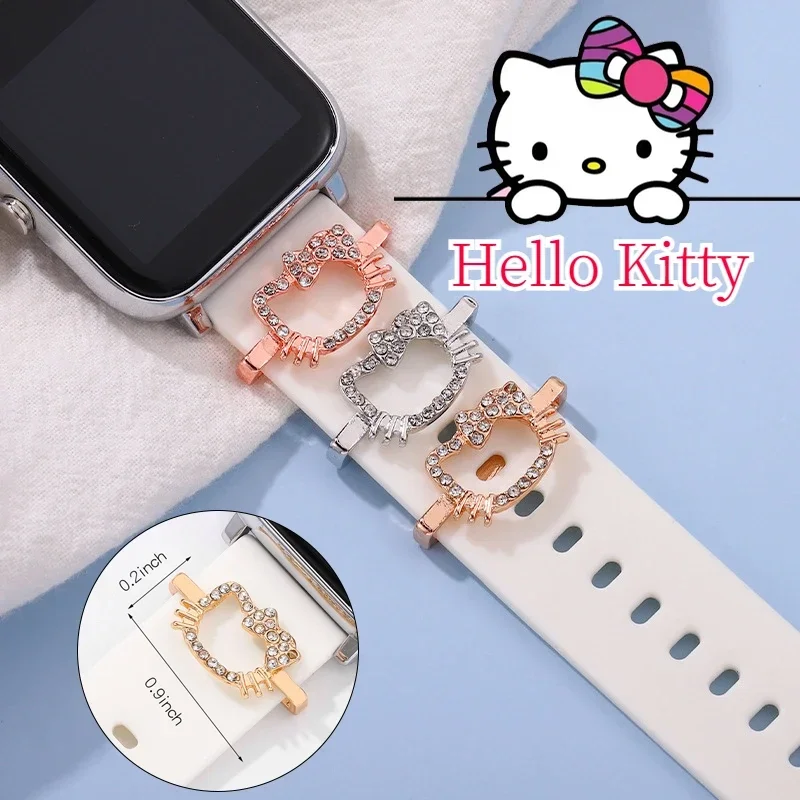 สายสายนาฬิกาโลหะ Hello Kitty สำหรับ Apple iWatch ตกแต่งแหวนสายซิลิโคนลายการ์ตูนสำหรับนาฬิกา Apple สายรัดกำไลข้อมือนุ่มมีเสน่ห์