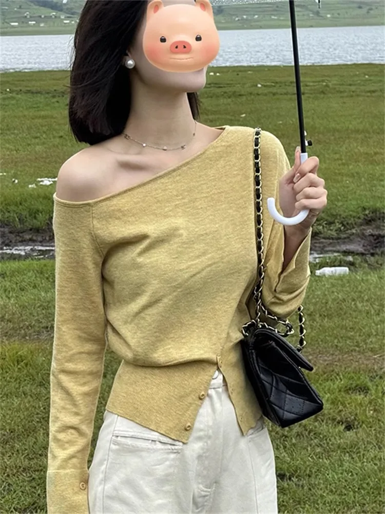 

Women's Long Sve Knitted Top oulder Baring Slit Design Slim Fit Base Layer Yellow Early Autumn Faion Commute Sle
