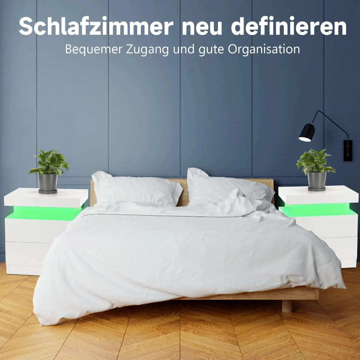 طاولة بجانب السرير بيضاء مع درجين، درج علوي واحد، خزانة بجانب السرير مع 4 جوانب عالية اللمعان، طاولة جانبية بإضاءة LED RGB لغرفة النوم #6