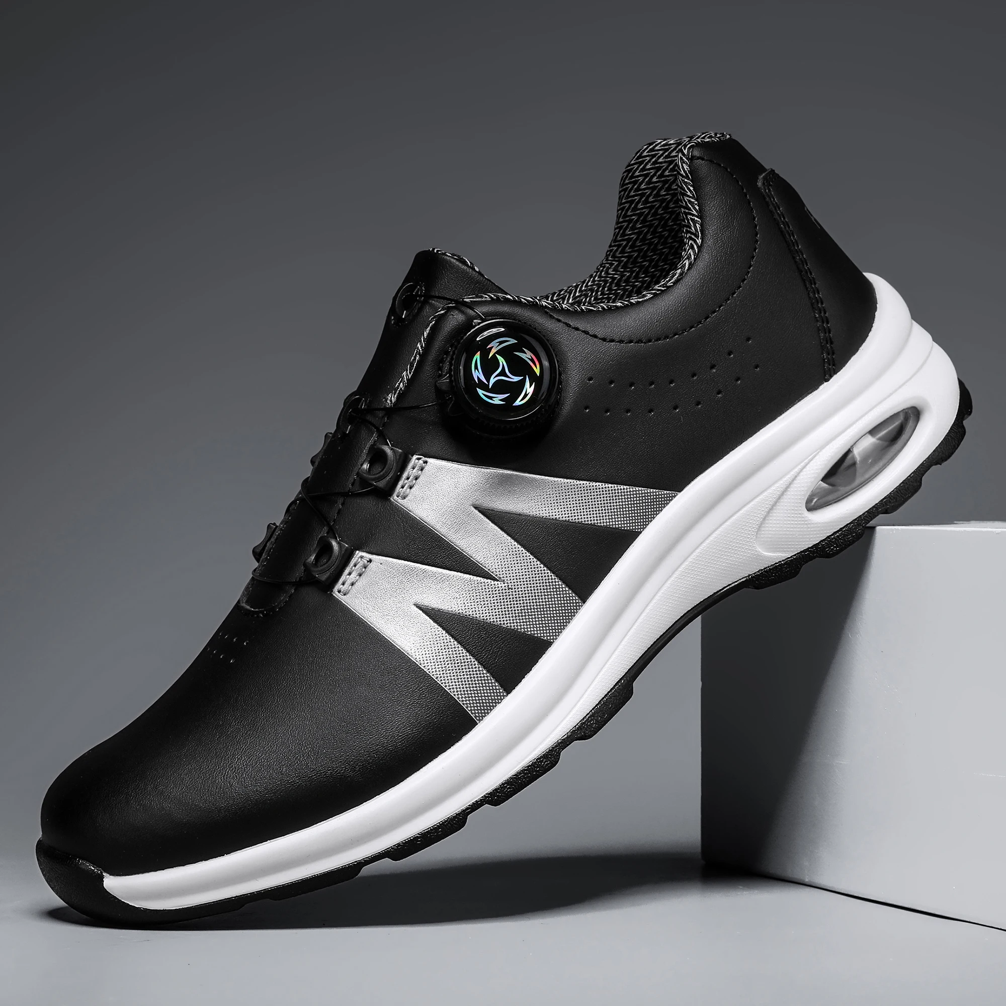 

Men's Fashionable Casual Sports Shoes Summer New Outdoor Fashion Golf Shoes Men's Spiral Buckle Lace-Up Comfortable Elastic Adjustment Pu Leather Waterproof Wear-Resistant Thick Bottom with Air Cushion Shock-Absorbing Non-Slip Wear-Resistant Simple Stripe